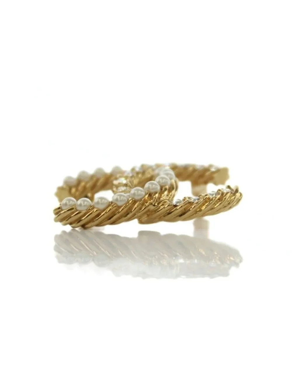 Chanel CC Logo Faux Pearl Rhinestone Brooch Pin Badge Gold Color BB